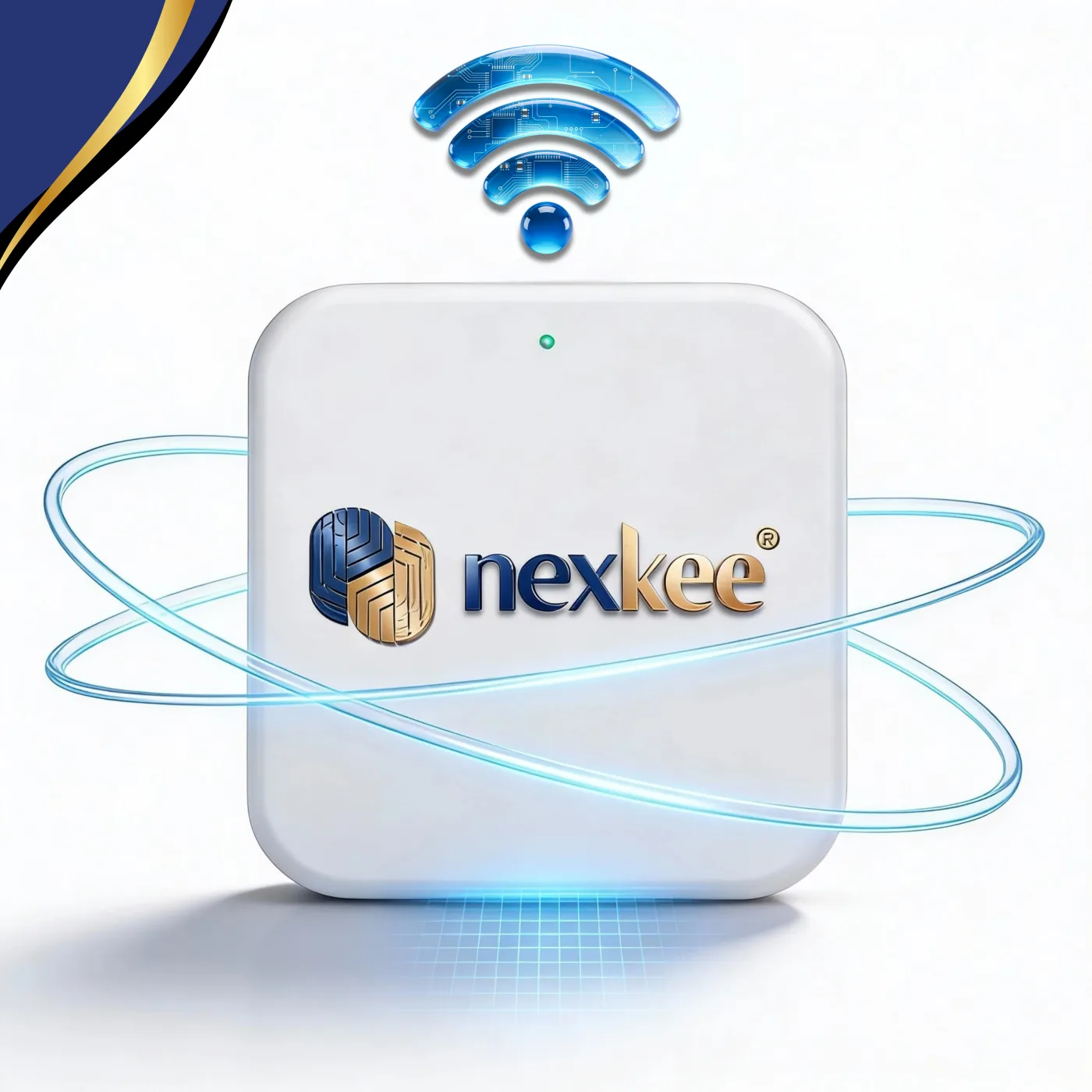WifiKee+ Passerelle — passerelle Wi-Fi G2 nexkee pour serrure connectée, packshot blanc avec icône Wi-Fi