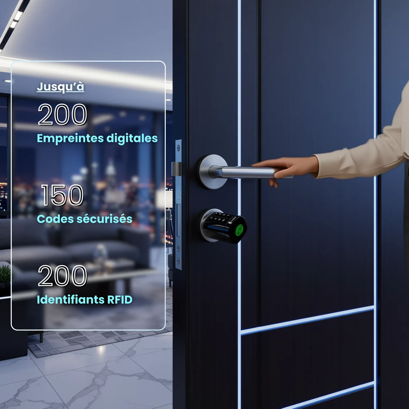 OneKee Black installée sur une porte d'entrée, ouverture par la poignée — jusqu'à 200 empreintes, 150 codes et 200 identifiants RFID