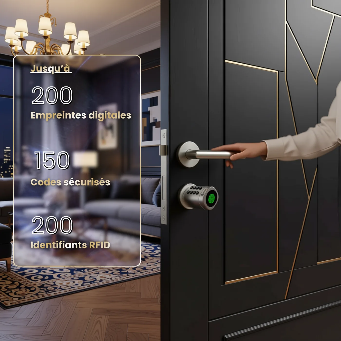 OneKee Silver installée sur une porte d'entrée — capacités : jusqu'à 200 empreintes digitales, 150 codes sécurisés, 200 identifiants RFID
