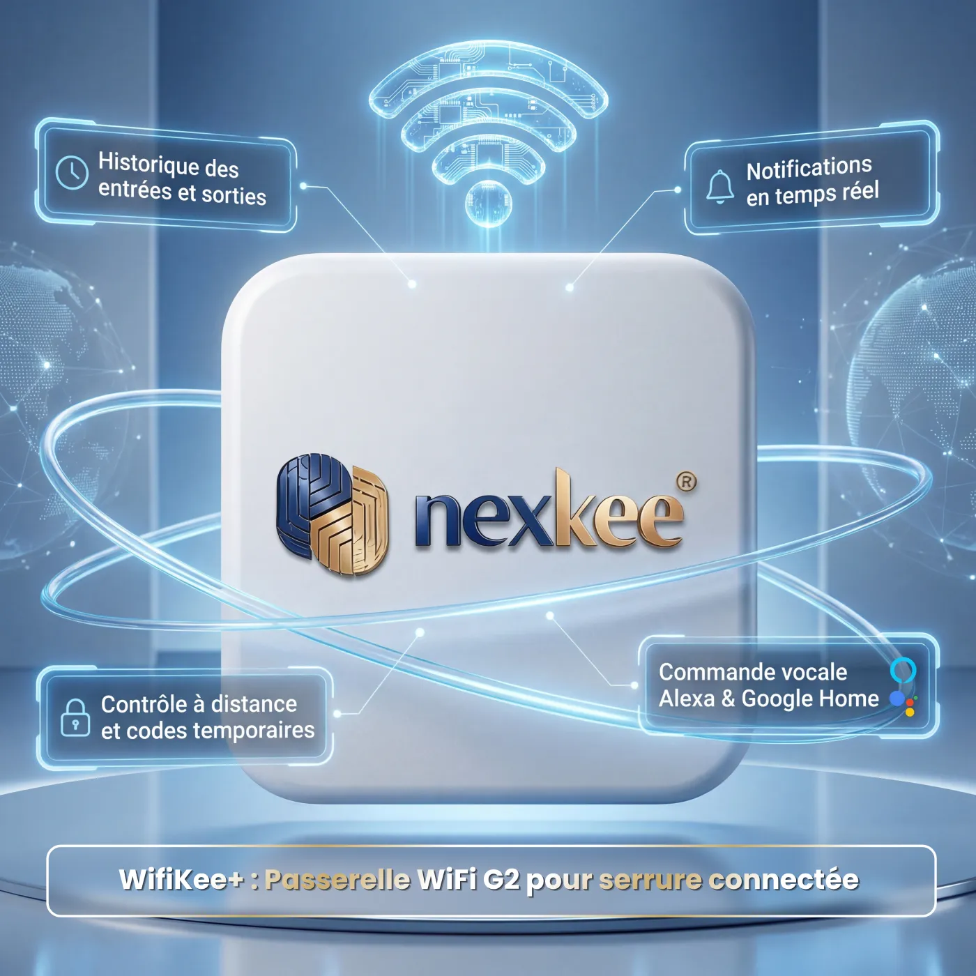 WifiKee+ Passerelle — 4 fonctionnalités clés : contrôle à distance et codes temporaires, notifications en temps réel, historique des entrées/sorties, commande vocale Alexa et Google Home