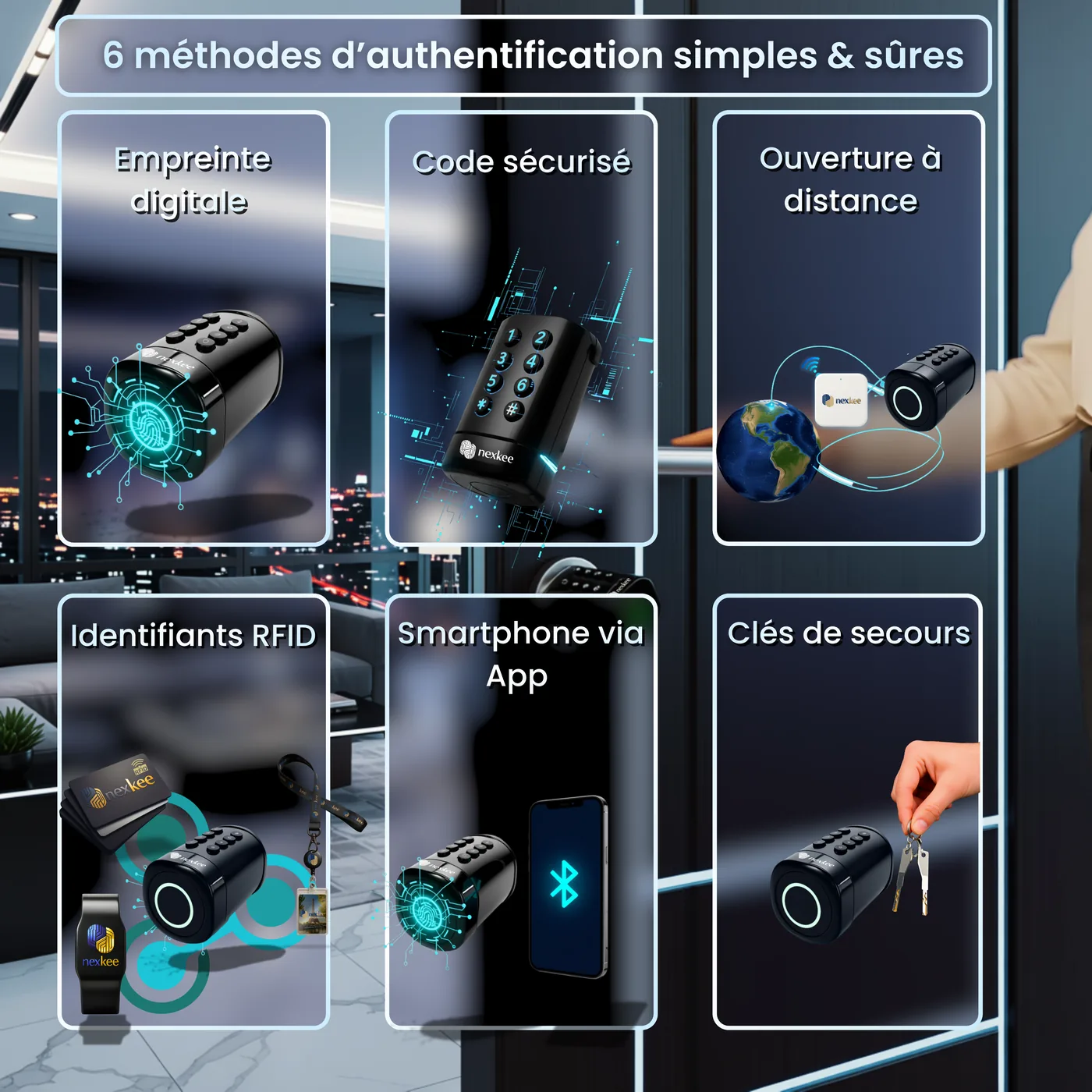 OneKee Black — 6 méthodes d'authentification : empreinte digitale, code sécurisé, ouverture à distance, identifiants RFID, smartphone et clés de secours
