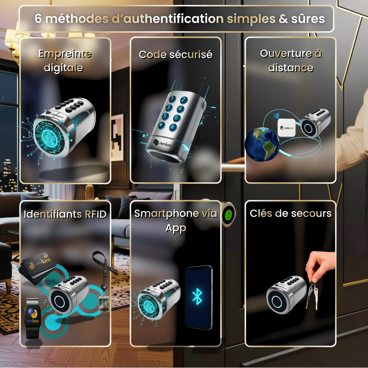 OneKee Silver — 6 méthodes d'authentification : empreinte digitale, code sécurisé, ouverture à distance, identifiants RFID, smartphone via app et clés de secours