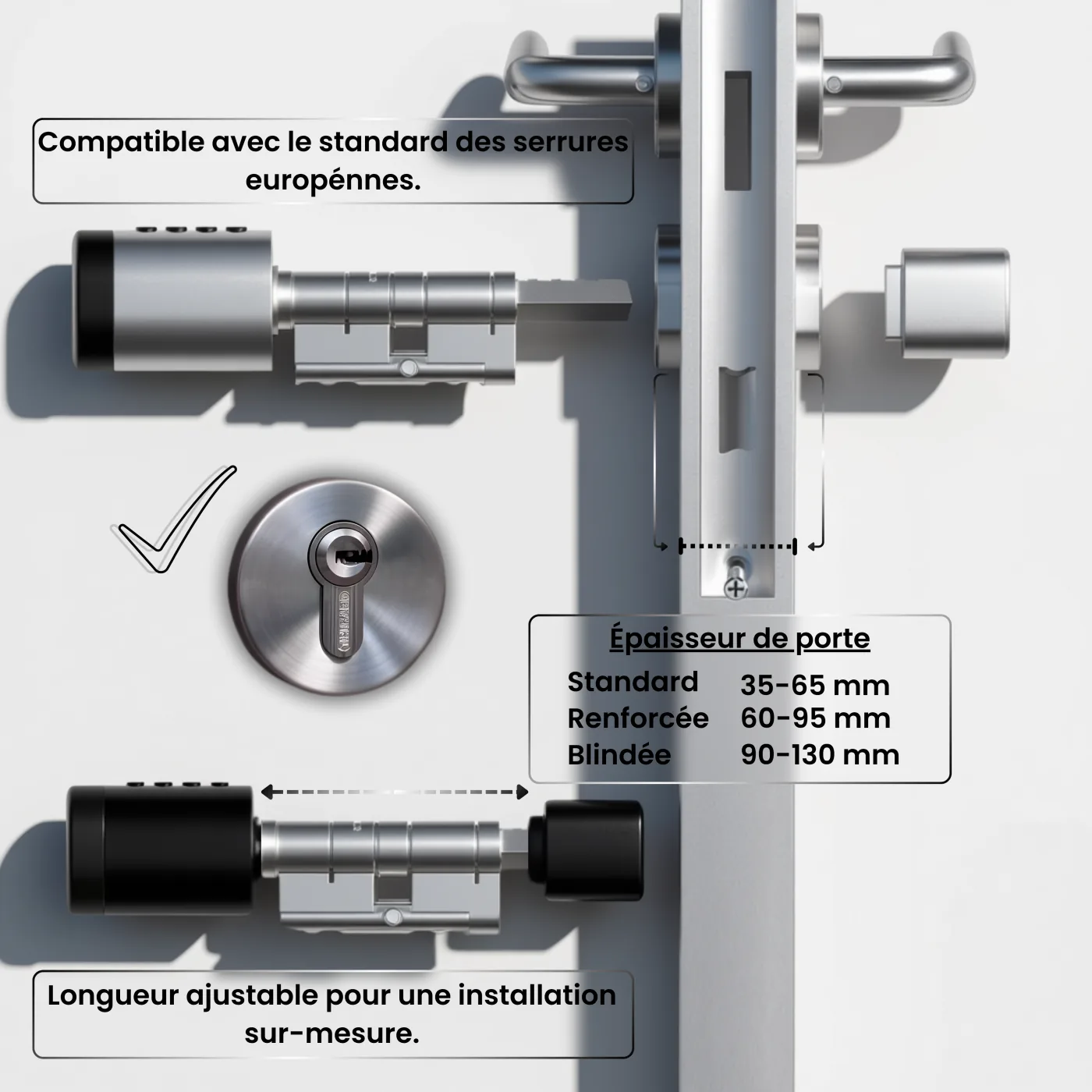 OneKee Black — cylindre rotatif au standard européen, longueur ajustable pour s'adapter à toute épaisseur de porte : standard 35-65 mm, renforcée 60-95 mm, blindée 90-130 mm