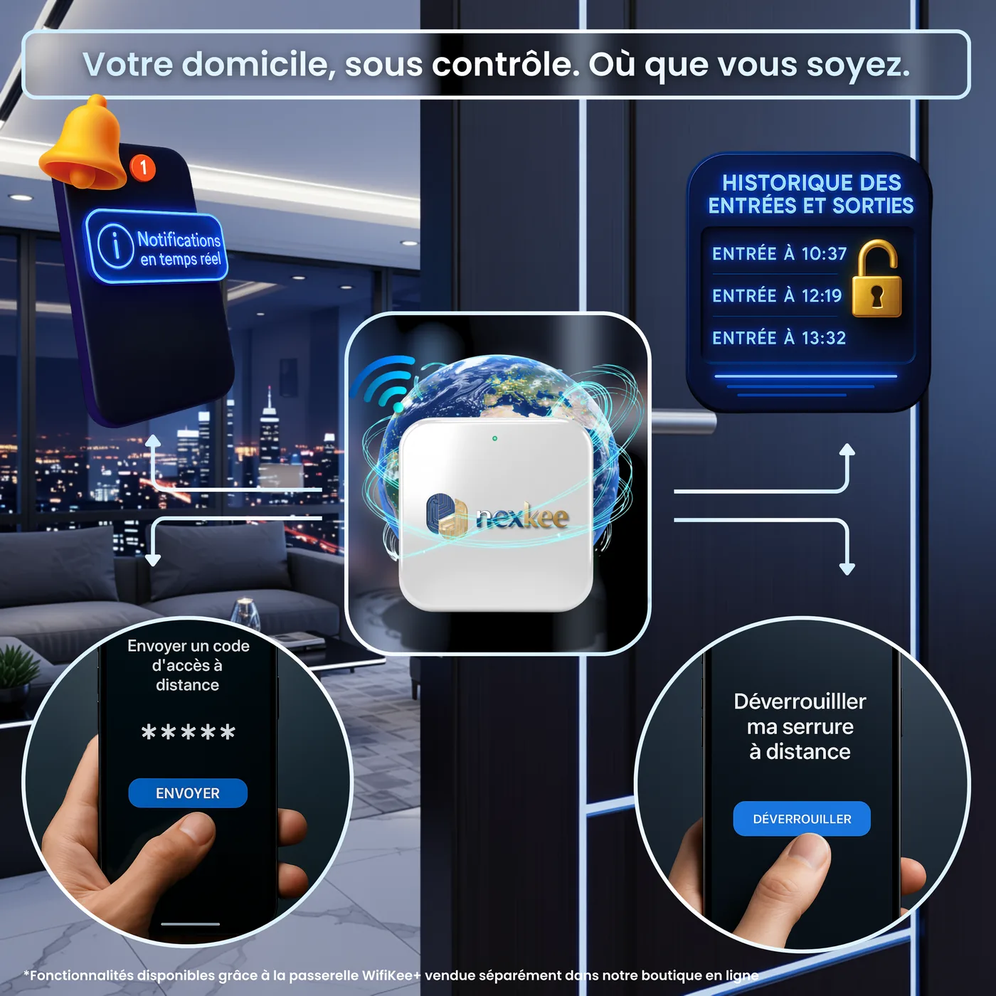 OneKee Black pilotée à distance : envoi de code d'accès, historique des entrées et déverrouillage depuis le smartphone