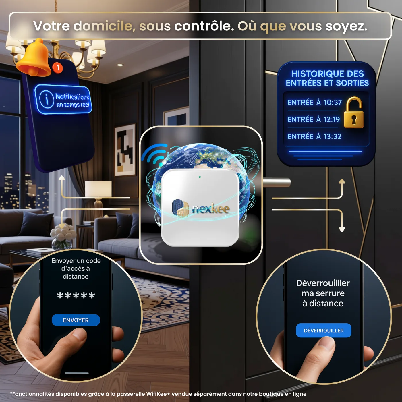 OneKee Silver pilotée à distance via la passerelle WifiKee+ : notifications en temps réel, historique des entrées/sorties, envoi de code d'accès et déverrouillage depuis le smartphone