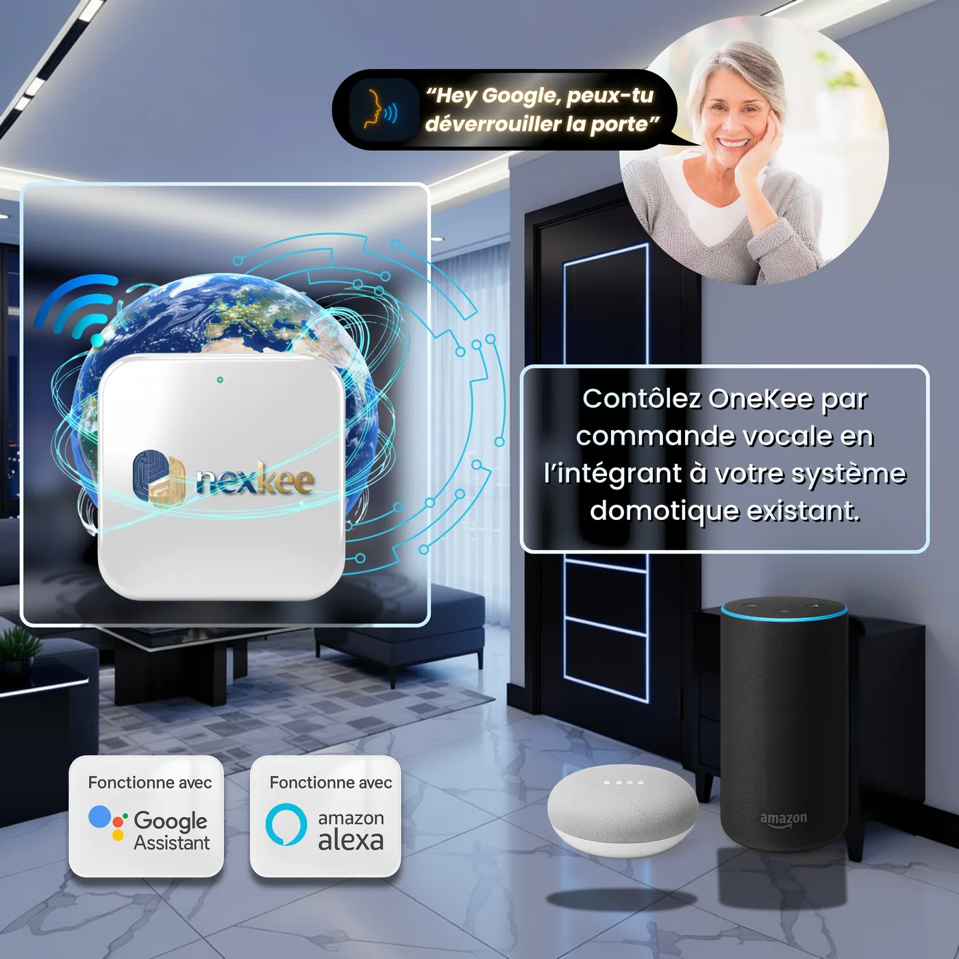 OneKee Black en commande vocale et domotique, compatible Google Assistant et Amazon Alexa