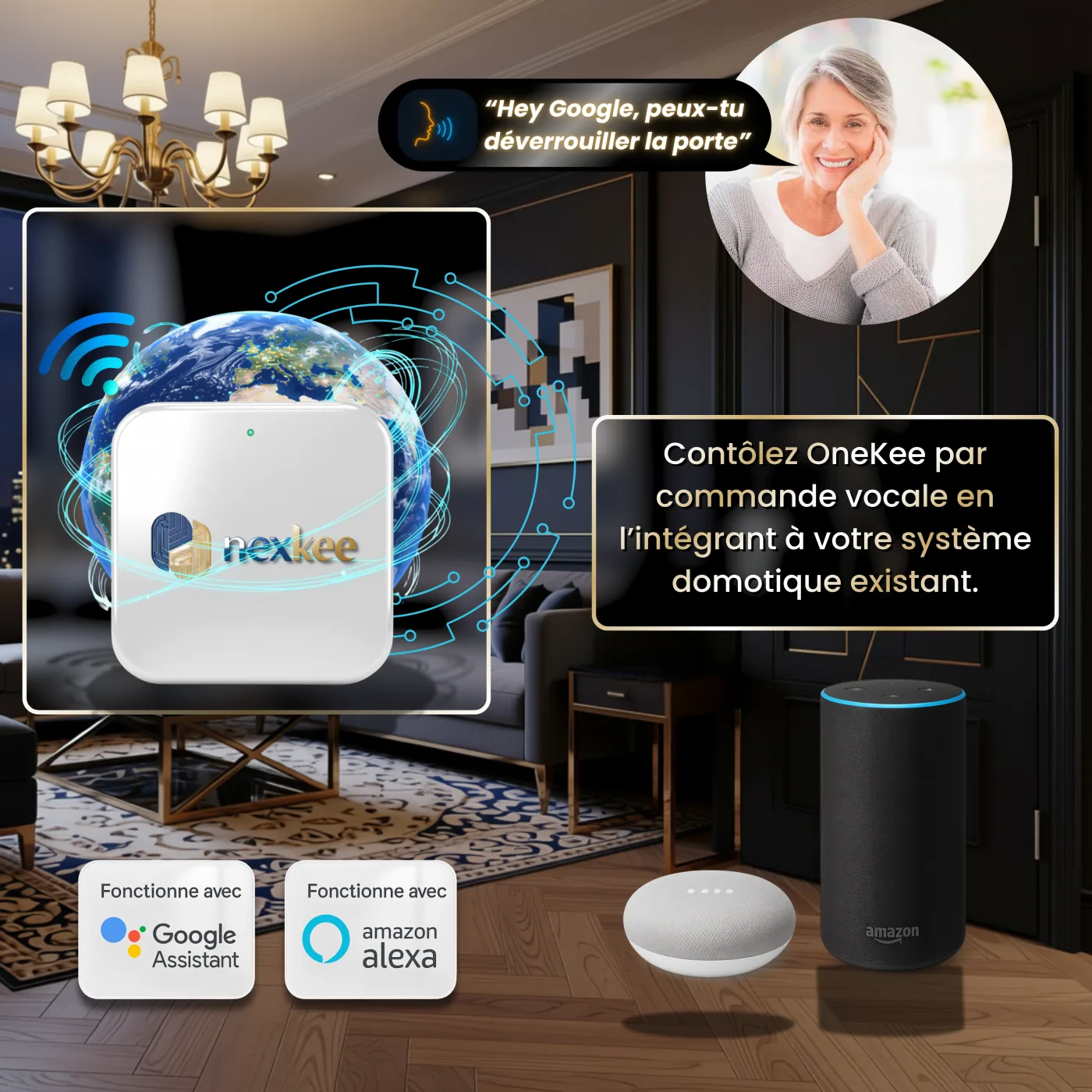 OneKee Silver en commande vocale et domotique, compatible Google Assistant et Amazon Alexa